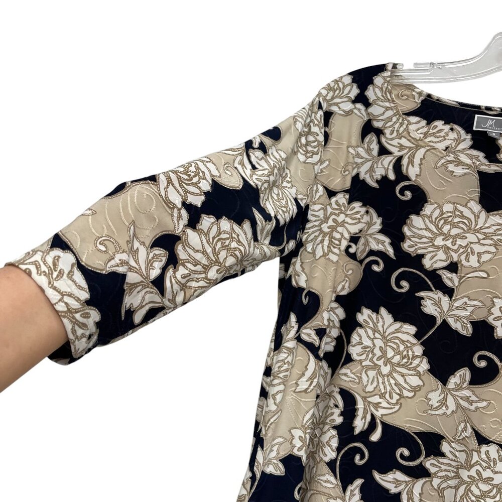 JM Collection Women’s Black Beige Floral Top Medium 3/4 Sleeve Stretch Blouse - Picture 3 of 5